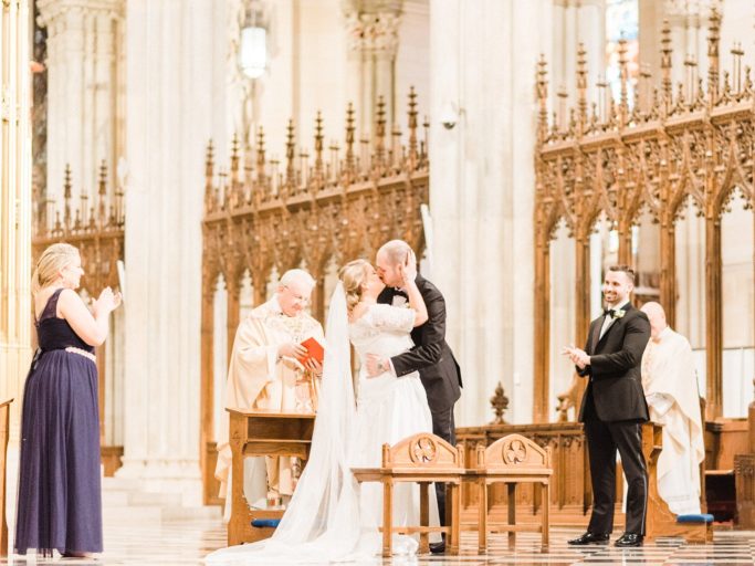 First Kiss at St Patricks Cathedral NYC Catholic Church Wedding of Bride and Groom